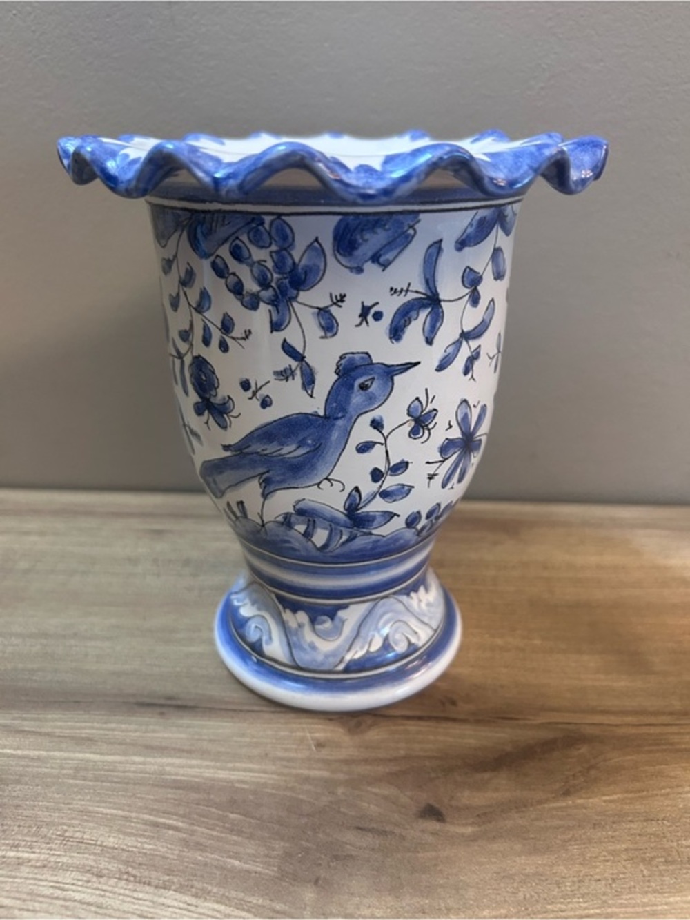 Blue and White Hand-Painted Bird Urn Vase